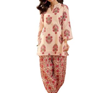 EthnicJunction Women's Linen Floral Print Summer Wear Straight Short Kurti With Afghani Pant Set | Co Ord Set for Women Stylish | Fusion wear Women
