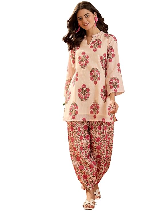 EthnicJunction Women's Linen Floral Print Summer Wear Straight Short Kurti With Afghani Pant Set | Co Ord Set for Women Stylish | Fusion wear Women