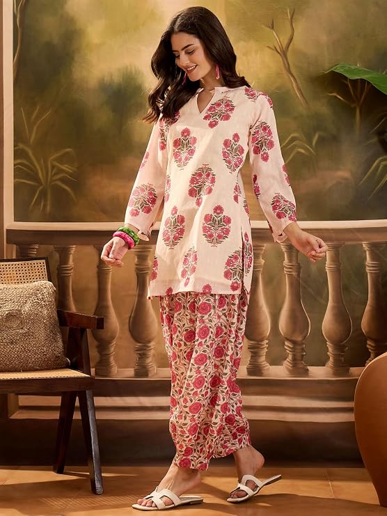 EthnicJunction Women's Linen Floral Print Summer Wear Straight Short Kurti With Afghani Pant Set | Co Ord Set for Women Stylish | Fusion wear Women - Image 3