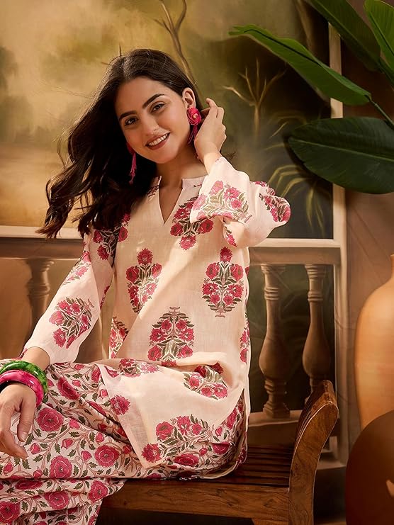 EthnicJunction Women's Linen Floral Print Summer Wear Straight Short Kurti With Afghani Pant Set | Co Ord Set for Women Stylish | Fusion wear Women - Image 2
